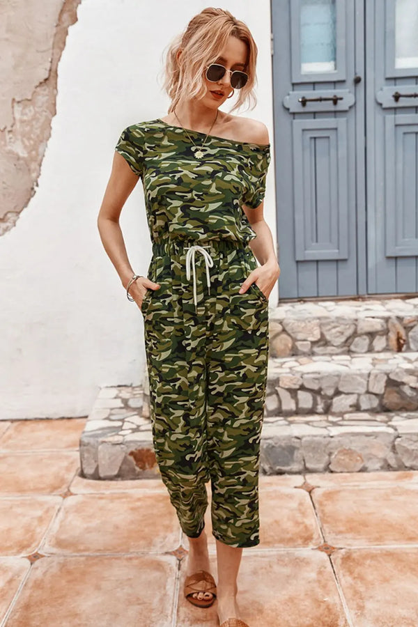 BazaarBey Camouflage Drawstring Crop Leg Jumpsuit 
