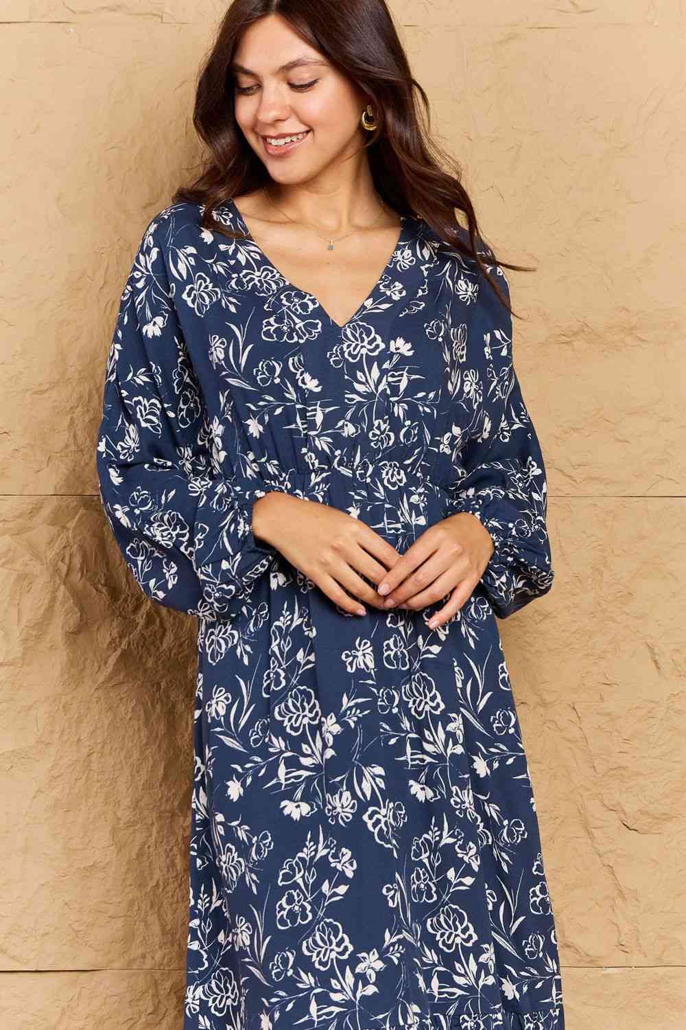  Night Out Full Size Balloon Sleeve Floral Midi Dress -BazaarBey - www.shopbazaarbey.com