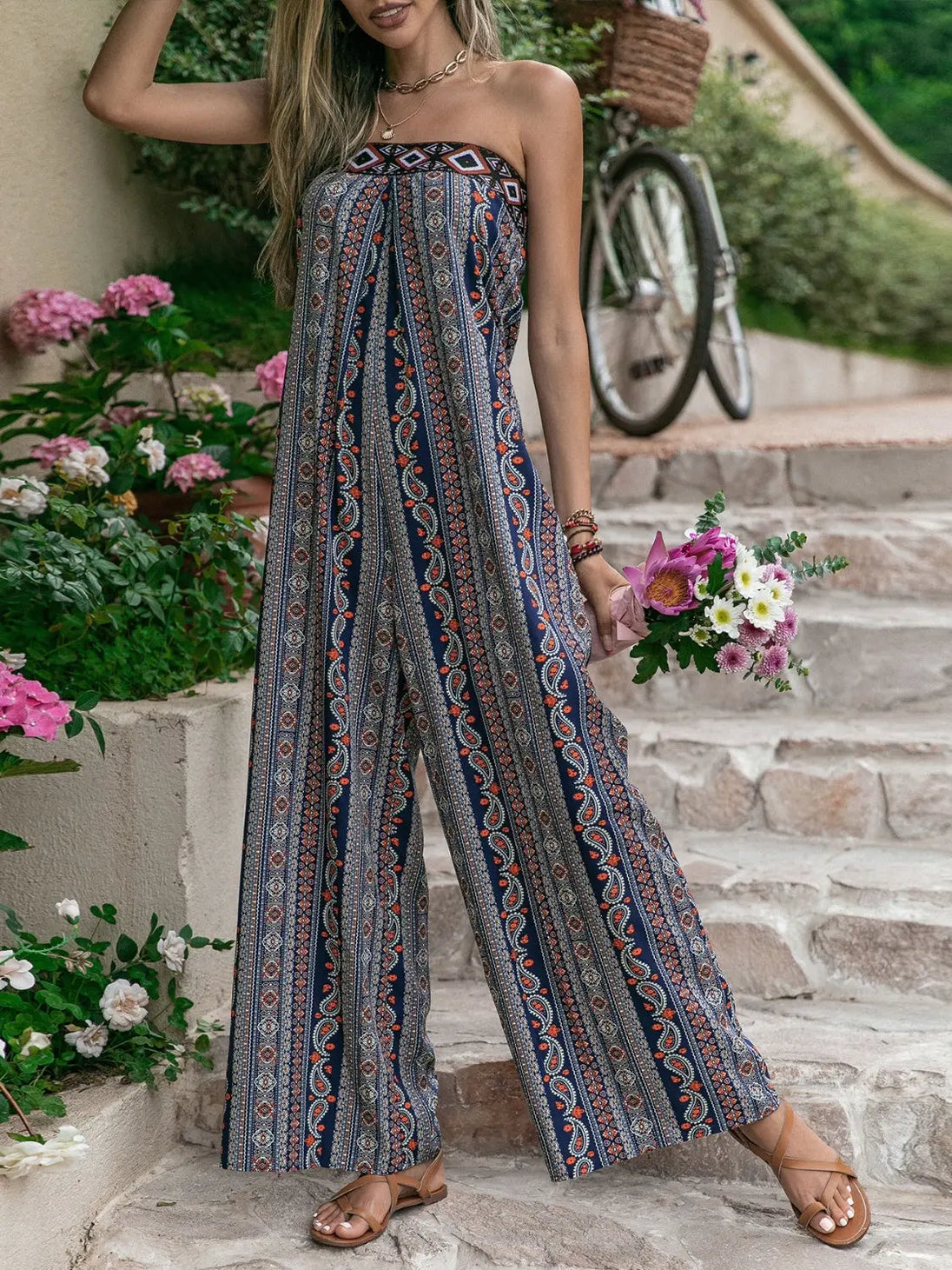 Tied Printed Tube Wide Leg Jumpsuit Trendsi