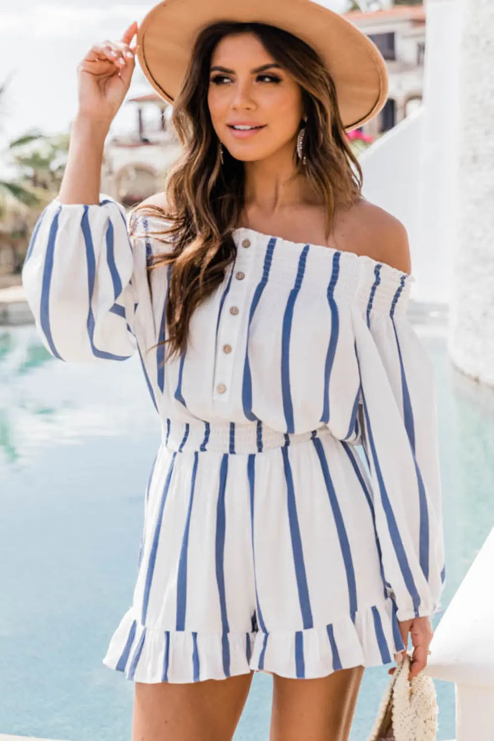 BazaarBey Striped Off Shoulder Smocked Romper 