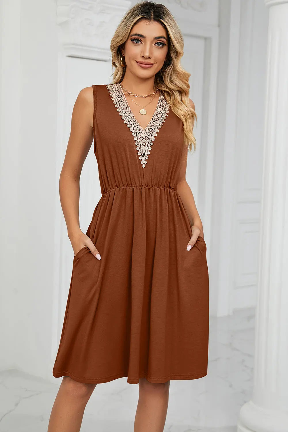Pocketed V-Neck Wide Strap Dress -BazaarBey - www.shopbazaarbey.com