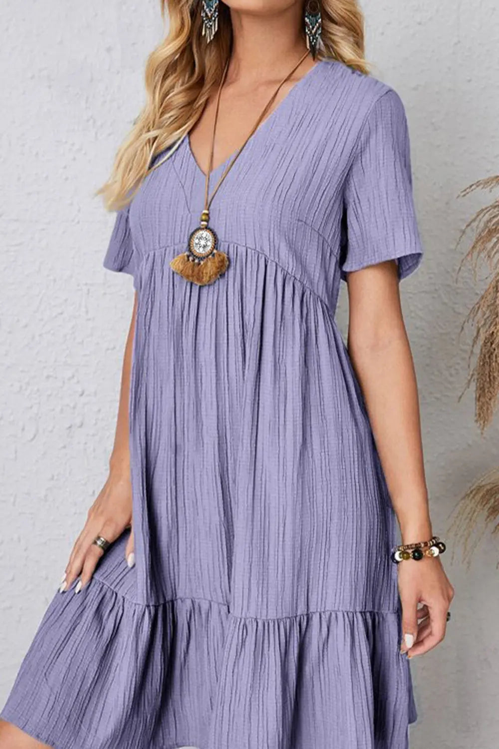 Full Size Ruched V-Neck Short Sleeve Dress -BazaarBey - www.shopbazaarbey.com