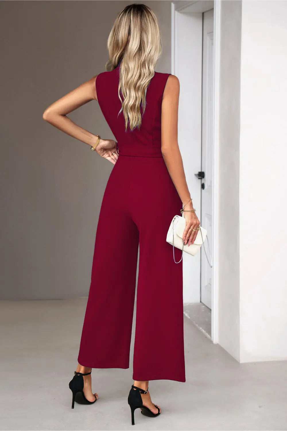 Tie Waist Shawl Collar Sleeveless Jumpsuit Trendsi