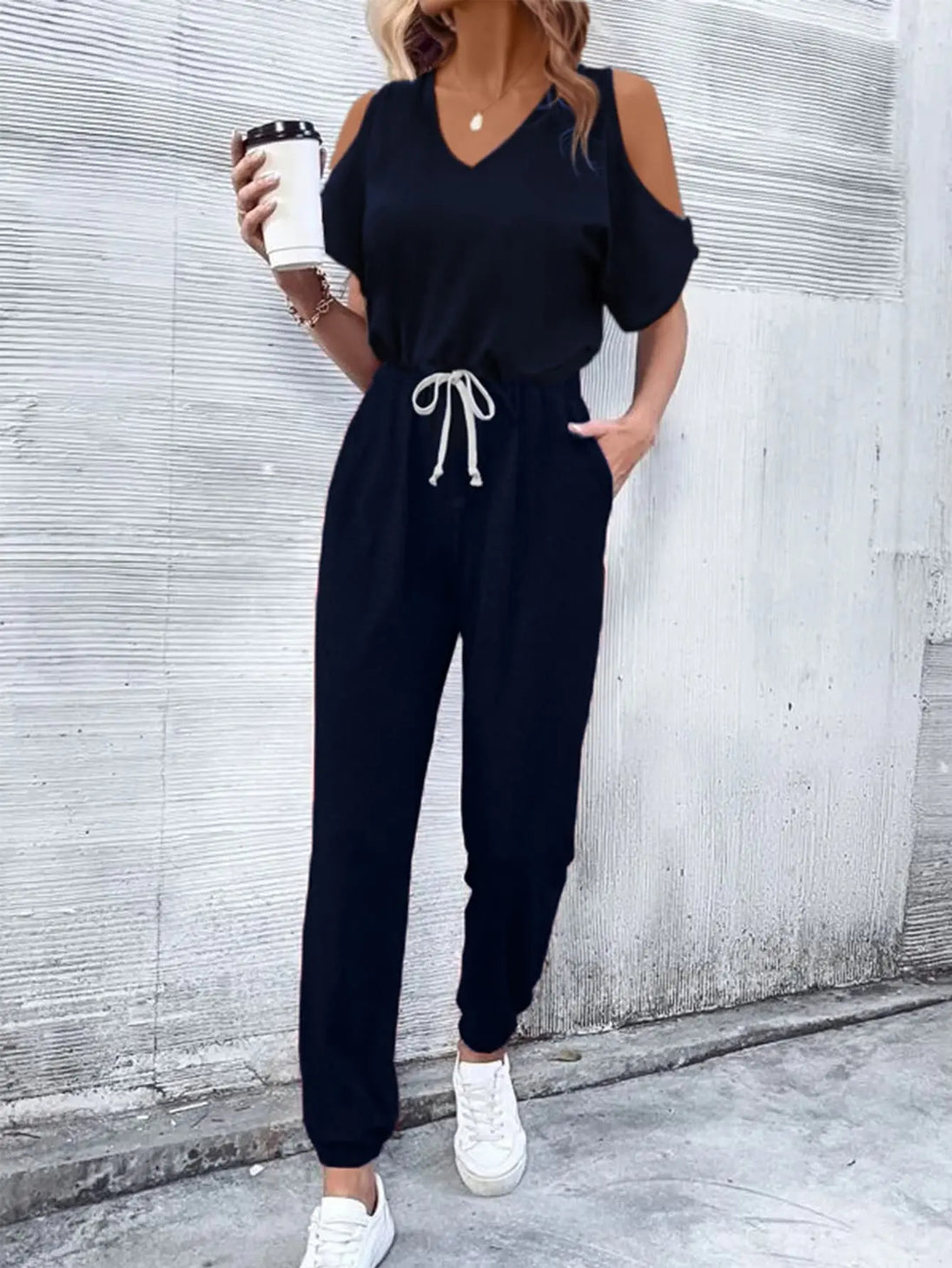 V-Neck Cold-Shoulder Jumpsuit with Pockets Trendsi