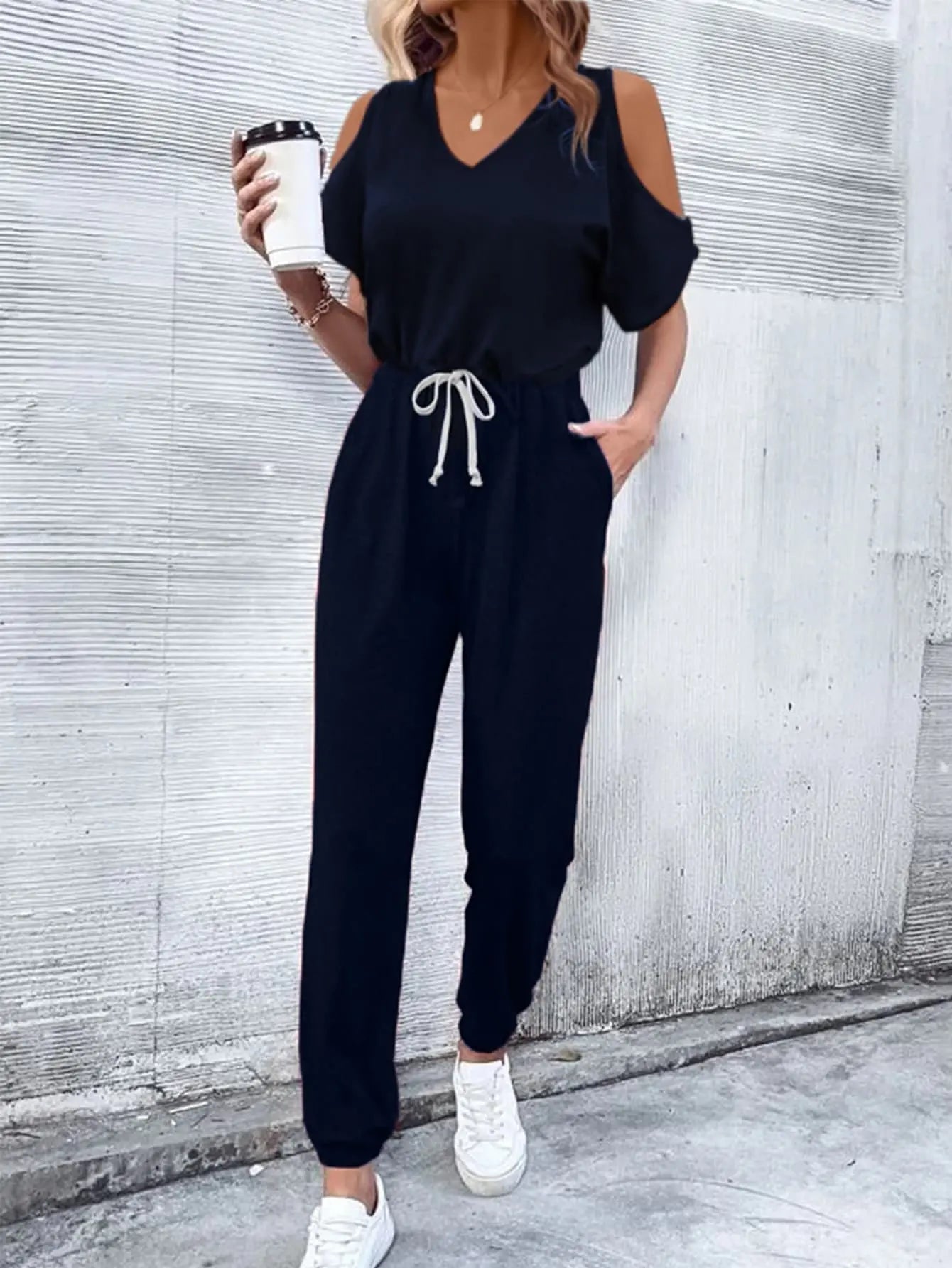 V-Neck Cold-Shoulder Jumpsuit with Pockets Trendsi