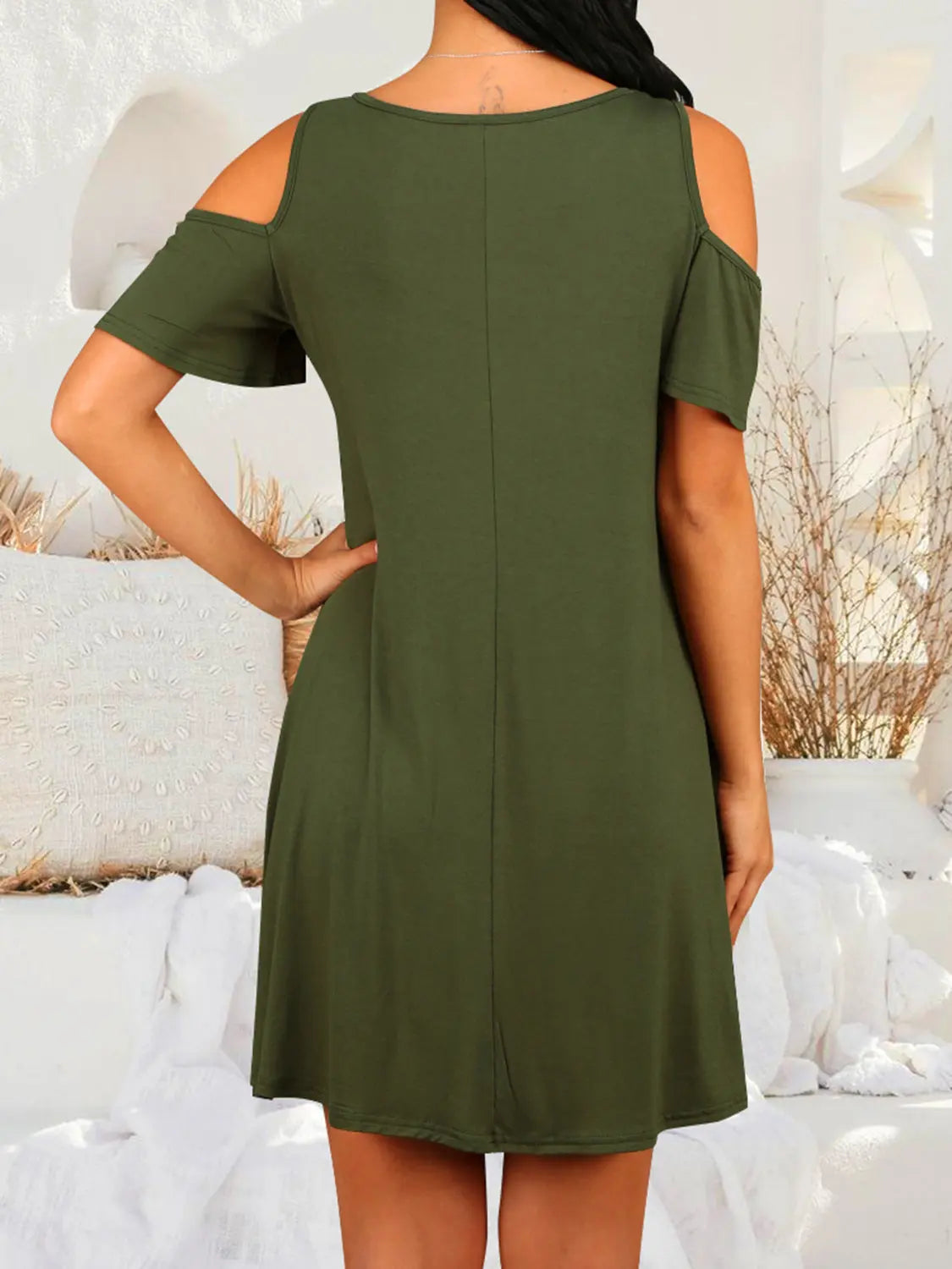 Round Neck Cold Shoulder Short Sleeve Dress -BazaarBey - www.shopbazaarbey.com