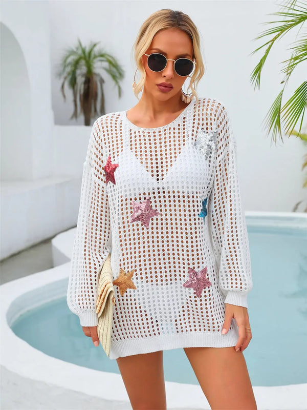 BazaarBey Sequin Star Round Neck Long Sleeve Cover Up 