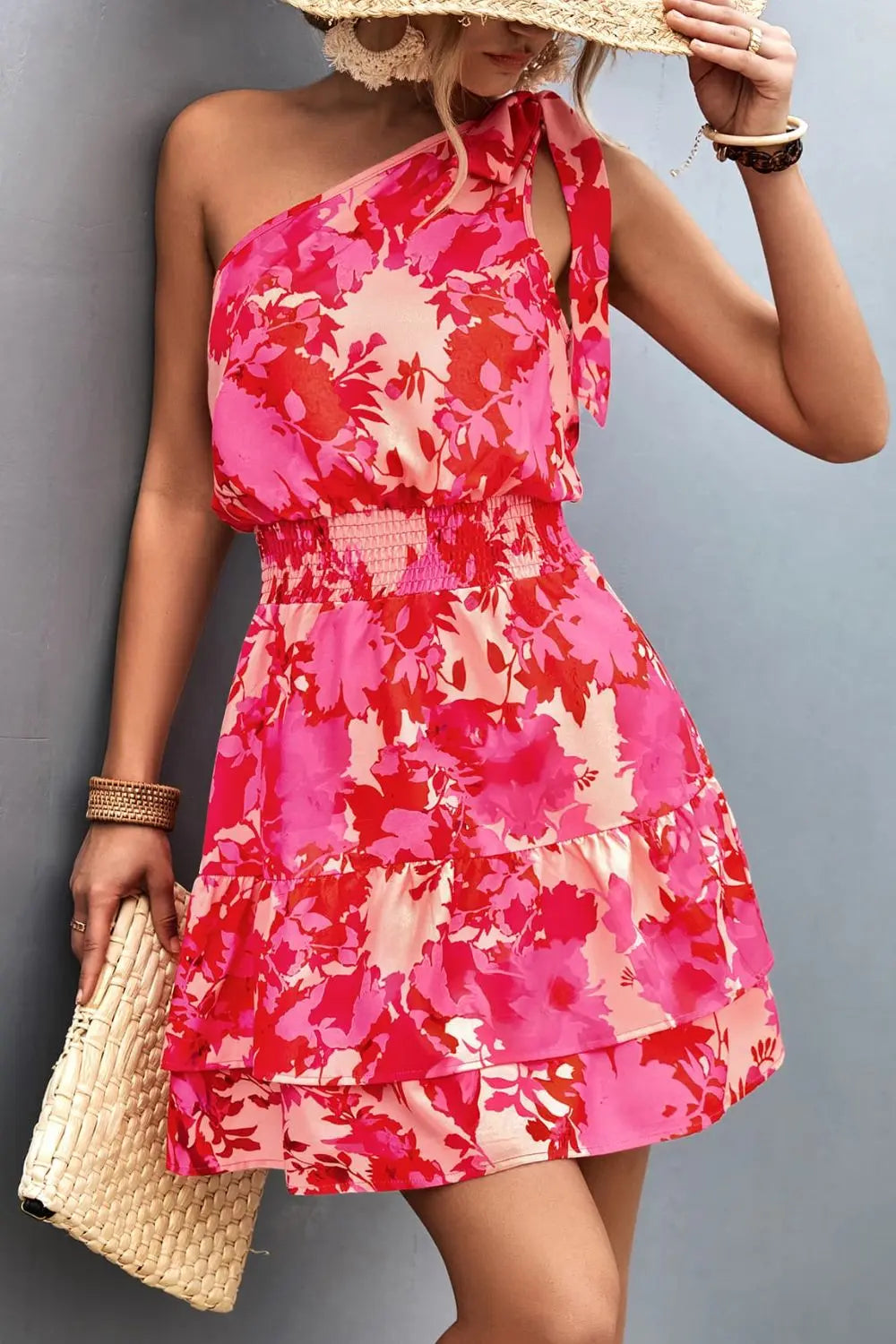 Tied Smocked Printed Single Shoulder Dress -BazaarBey - www.shopbazaarbey.com