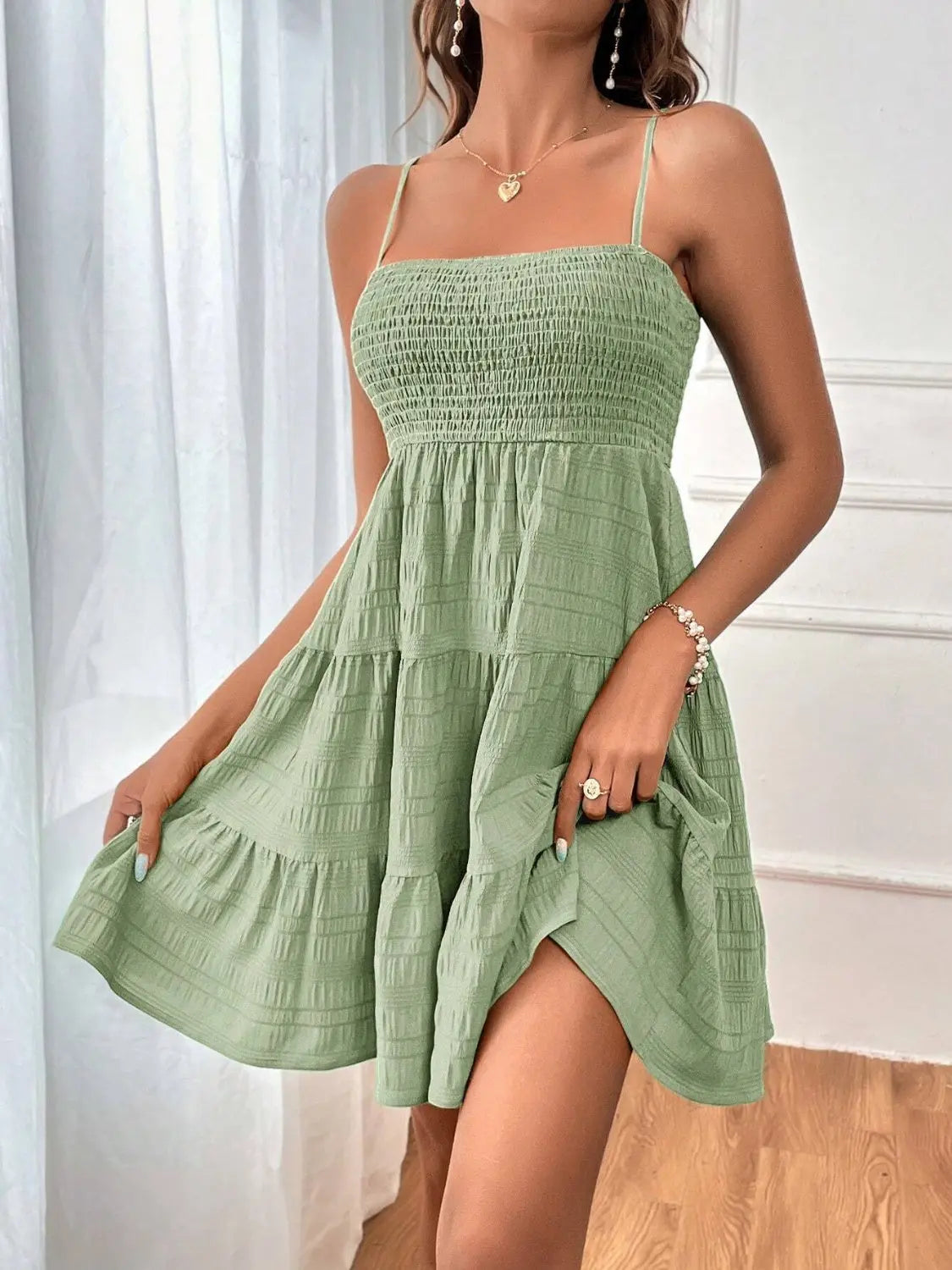 Smocked Tiered Sleeveless Mini Dress -BazaarBey - www.shopbazaarbey.com
