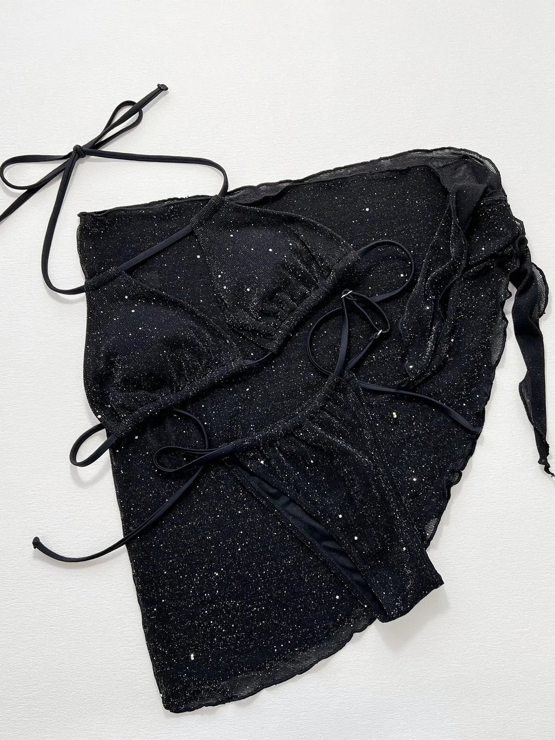 Glitter Halter Neck Backless Three-Piece Swim Set Trendsi