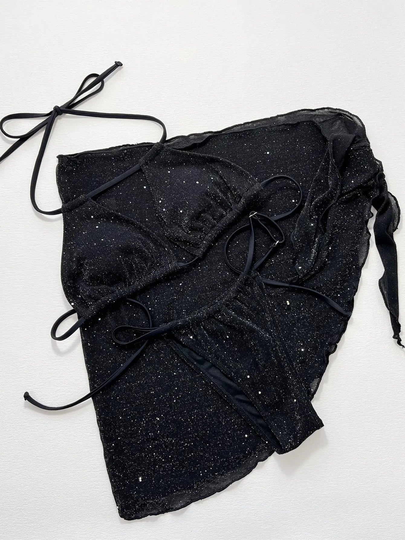 Glitter Halter Neck Backless Three-Piece Swim Set Trendsi
