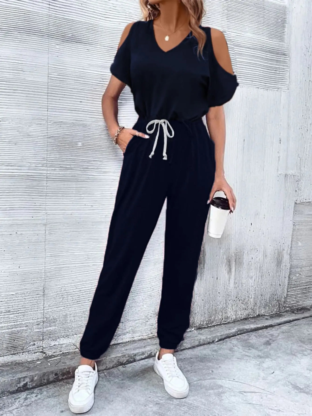 V-Neck Cold-Shoulder Jumpsuit with Pockets Trendsi