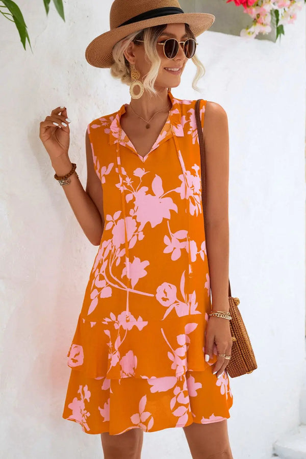 Printed Tie Neck Sleeveless Dress -BazaarBey - www.shopbazaarbey.com