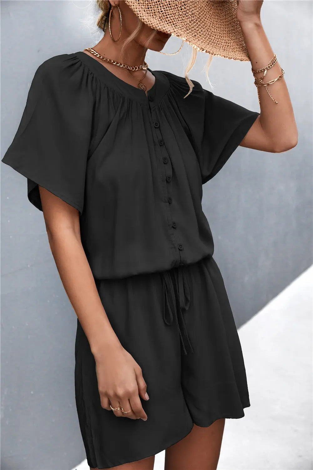 Buttoned Gather Detail Romper Bazaarbey