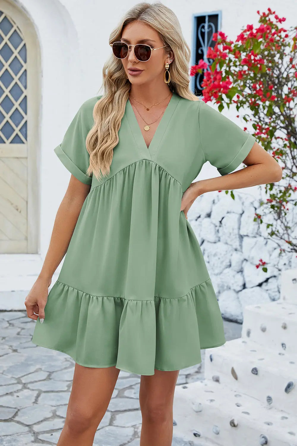 Ruched Tiered V-Neck Short Sleeve Mini Dress -BazaarBey - www.shopbazaarbey.com