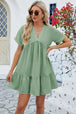 Ruched Tiered V-Neck Short Sleeve Mini Dress -BazaarBey - www.shopbazaarbey.com