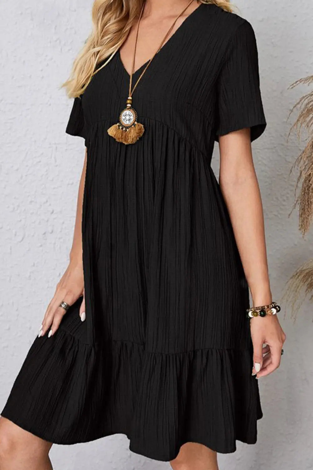 Full Size Ruched V-Neck Short Sleeve Dress -BazaarBey - www.shopbazaarbey.com