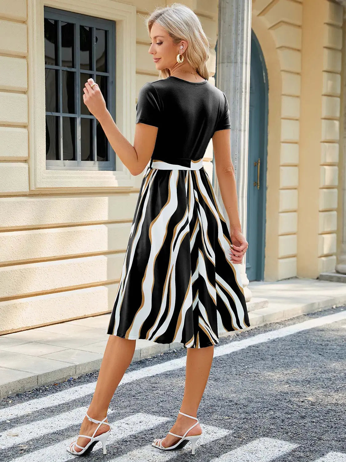Printed Tie Waist Short Sleeve Dress -BazaarBey - www.shopbazaarbey.com