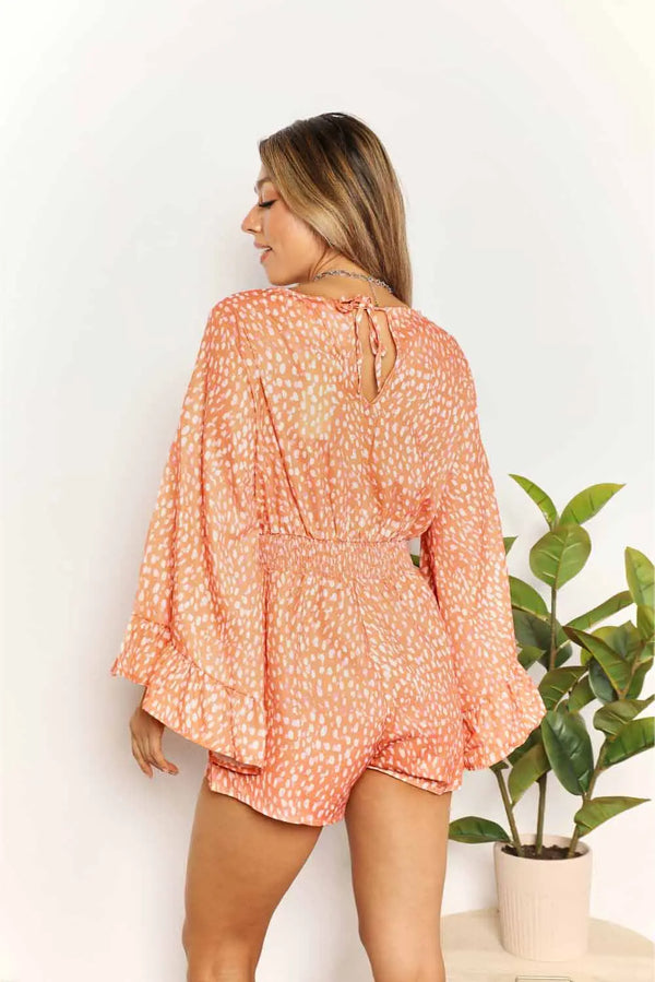  Printed Flare Sleeve Surplice Romper Trendsi