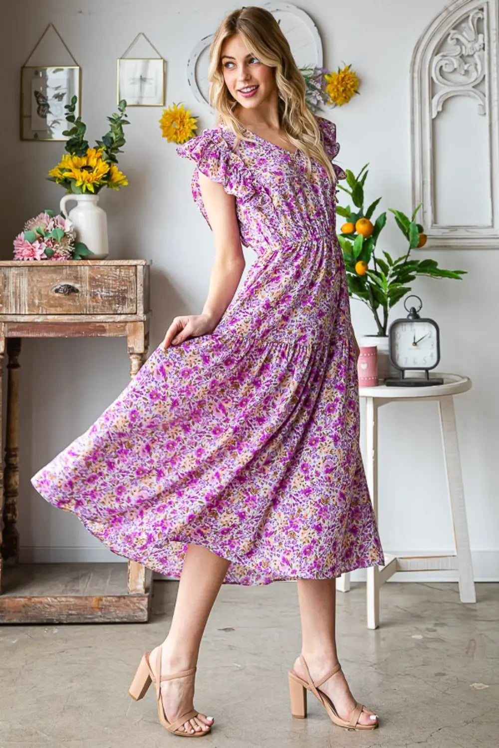  Printed V-Neck Ruffled Midi Dress -BazaarBey - www.shopbazaarbey.com