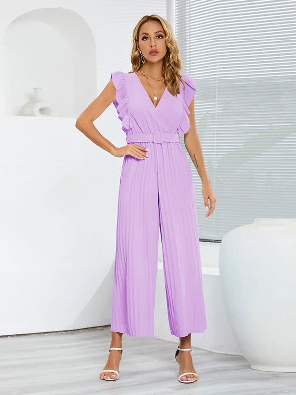 Ruffled Surplice Cap Sleeve Jumpsuit Trendsi