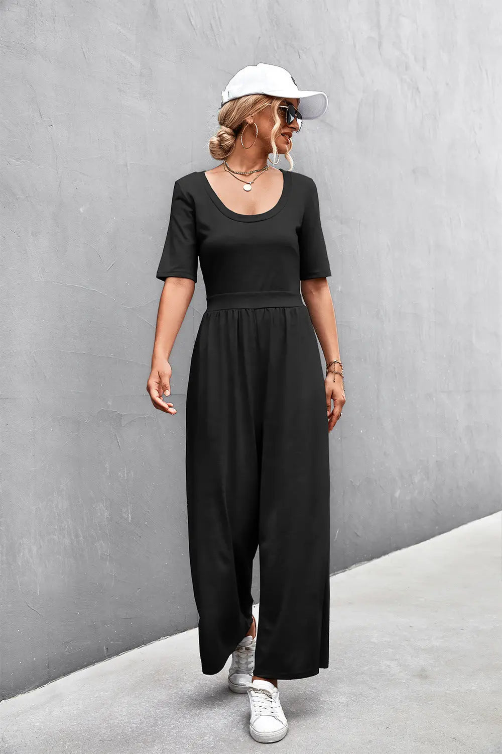 Scoop Neck Half Sleeve Wide Leg Jumpsuit Trendsi