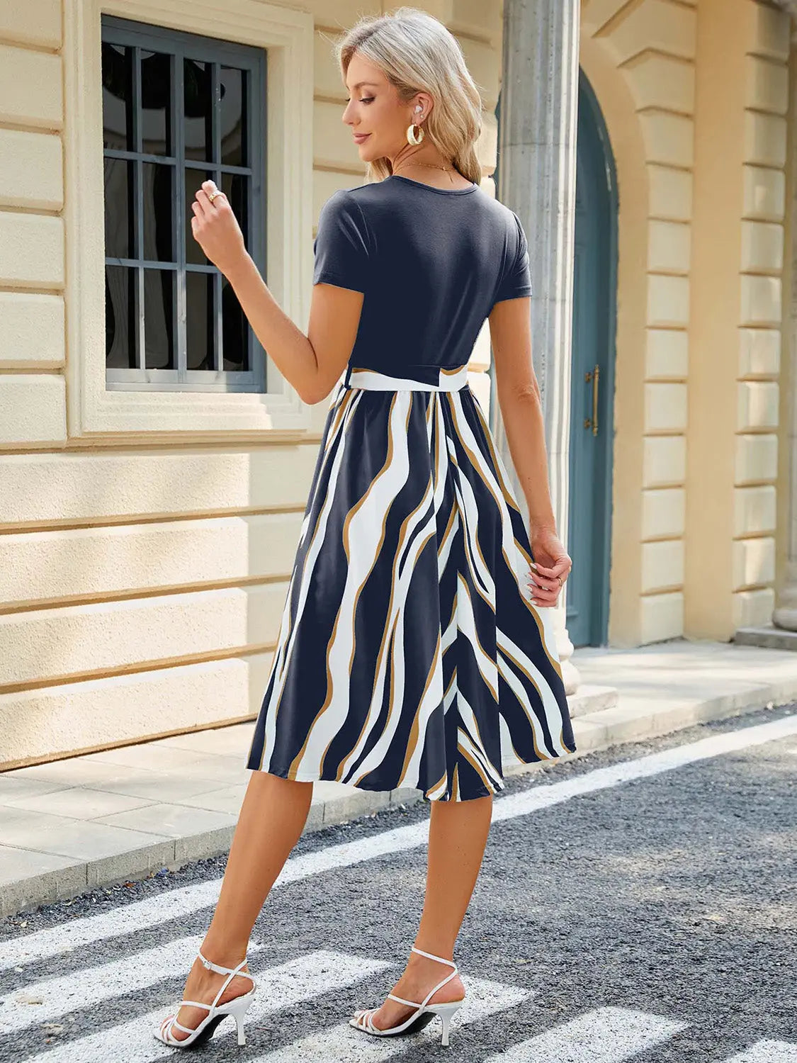 Printed Tie Waist Short Sleeve Dress -BazaarBey - www.shopbazaarbey.com