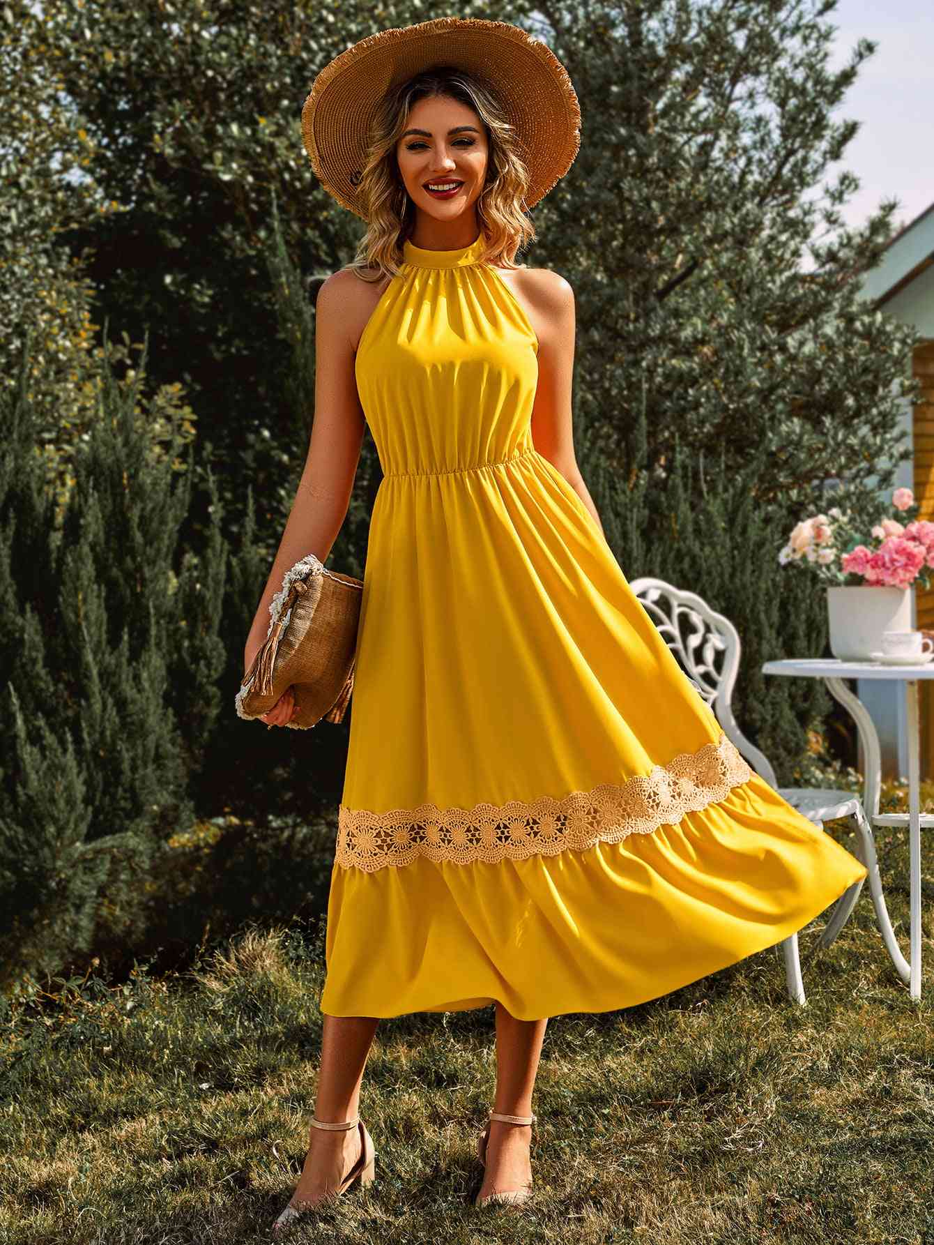  Neck Spliced Lace Midi Dress -BazaarBey - www.shopbazaarbey.com