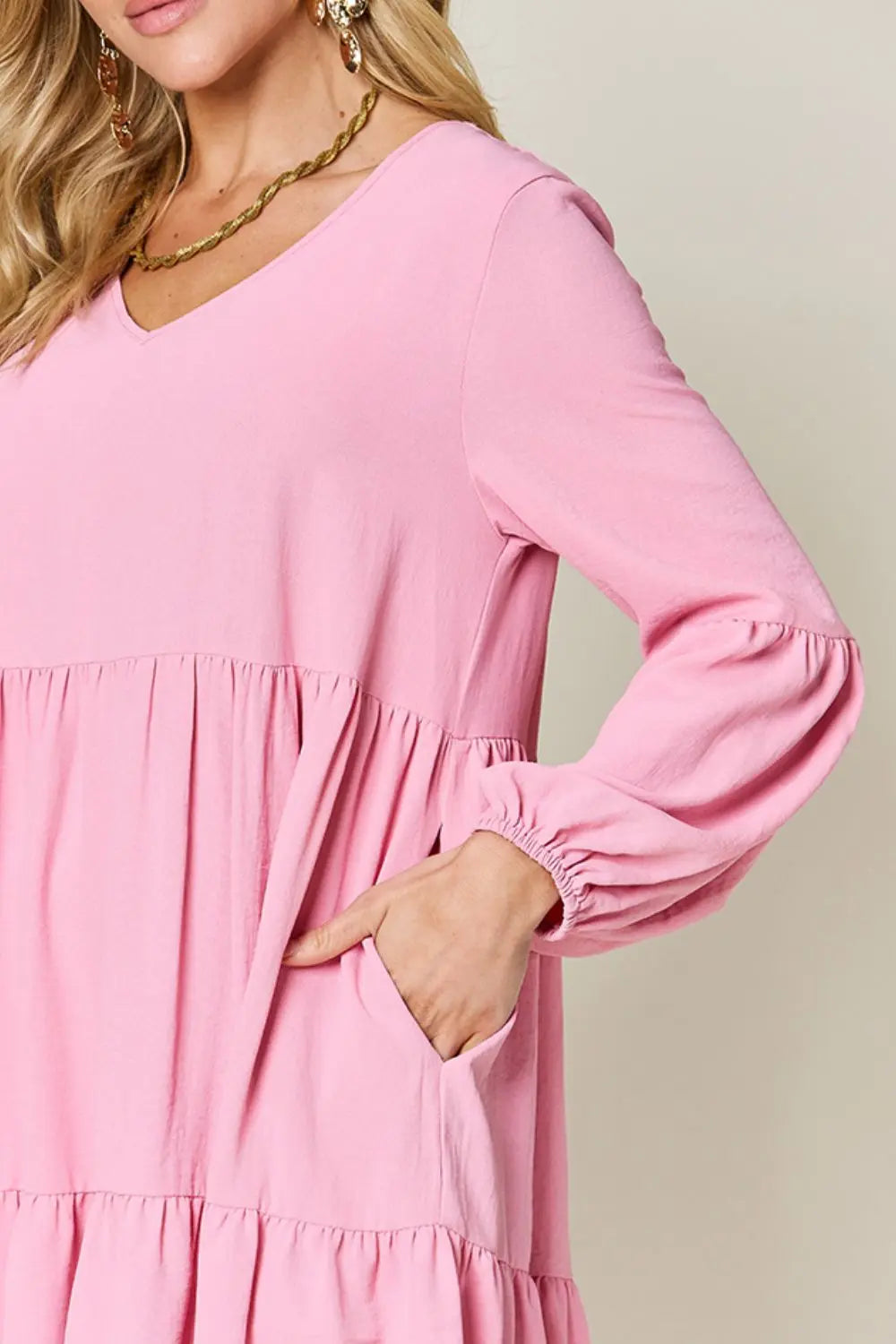  Full Size V-Neck Balloon Sleeve Tiered Dress -BazaarBey - www.shopbazaarbey.com