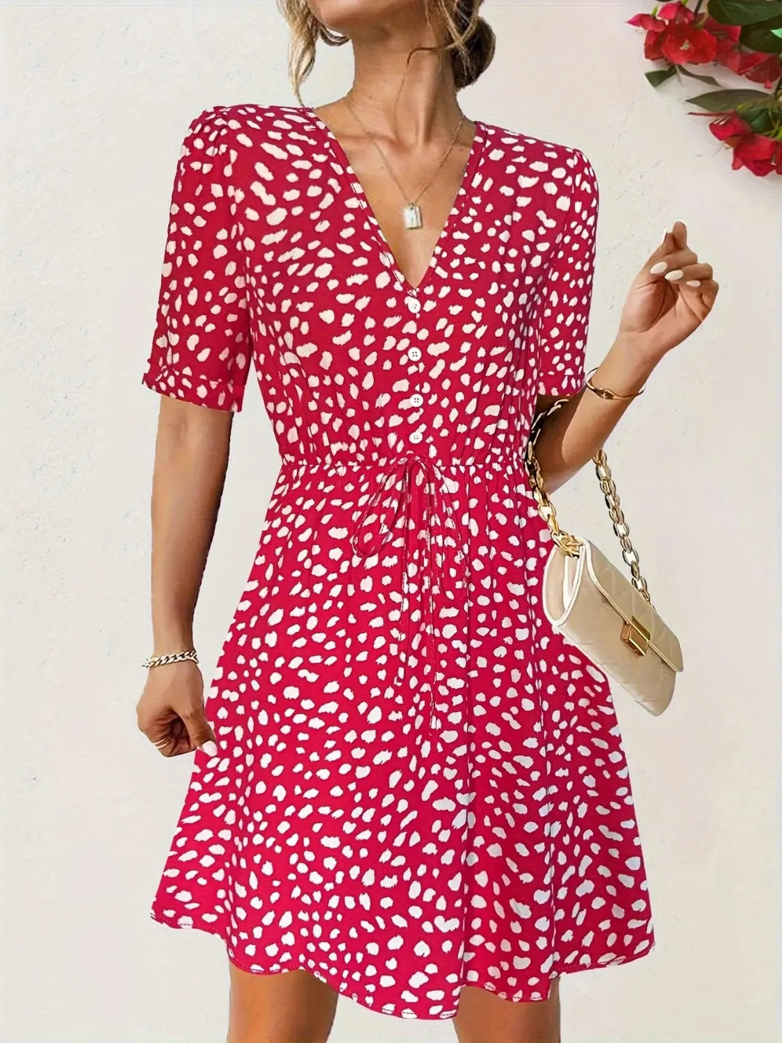 Printed V-Neck Short Sleeve Mini Dress -BazaarBey - www.shopbazaarbey.com