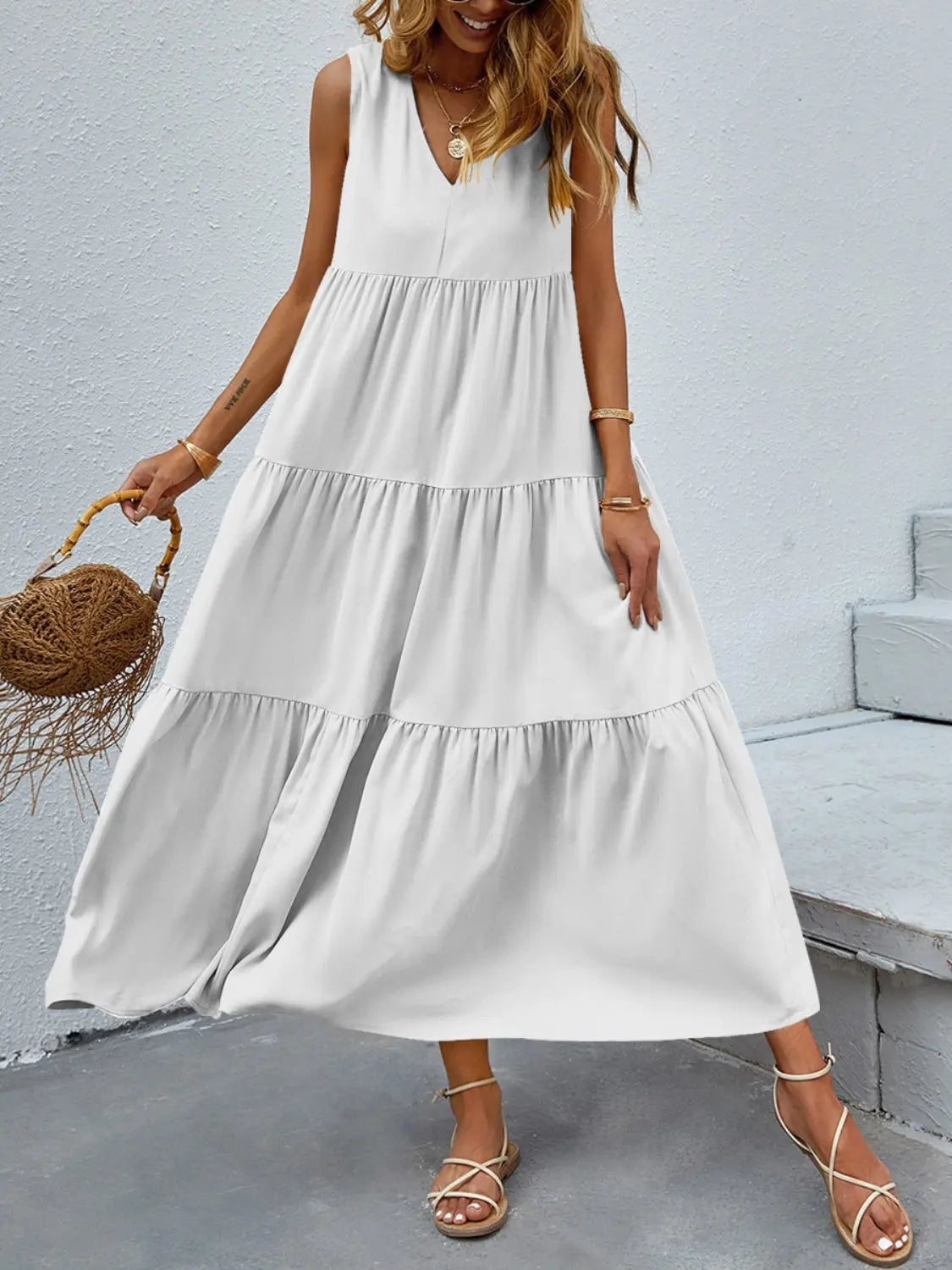 Tiered V-Neck Sleeve Dress -BazaarBey - www.shopbazaarbey.com