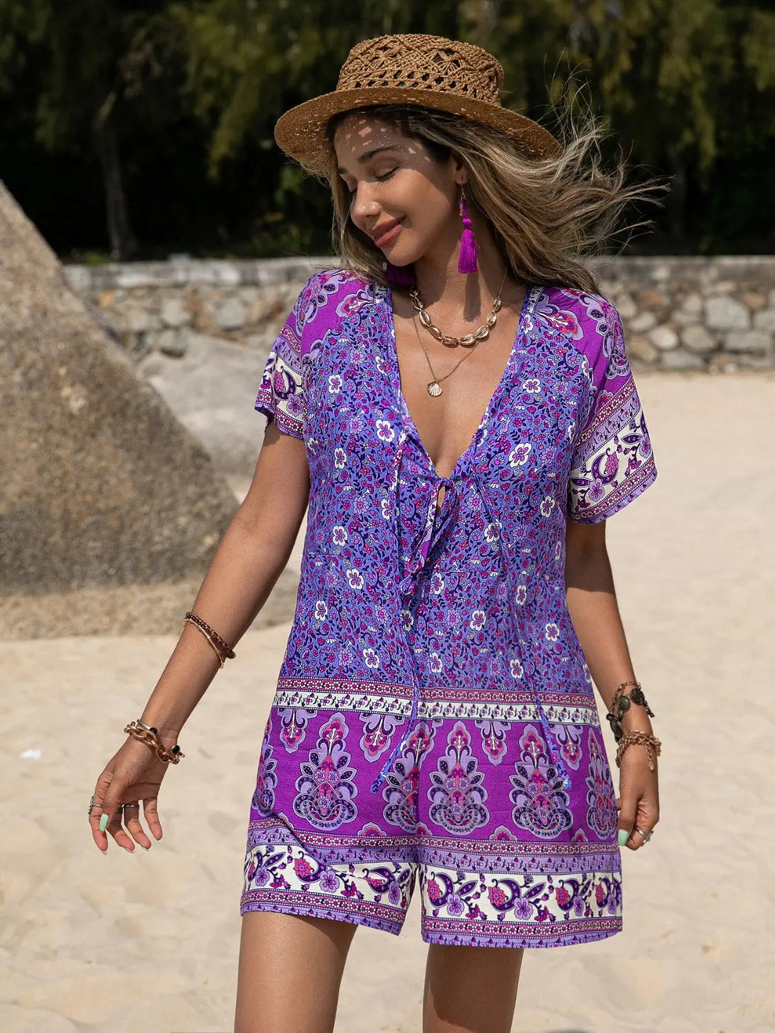 Tied Printed Short Sleeve Romper Trendsi