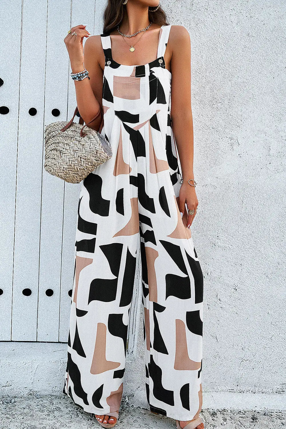 Printed Wide Strap Jumpsuit with Pockets Trendsi