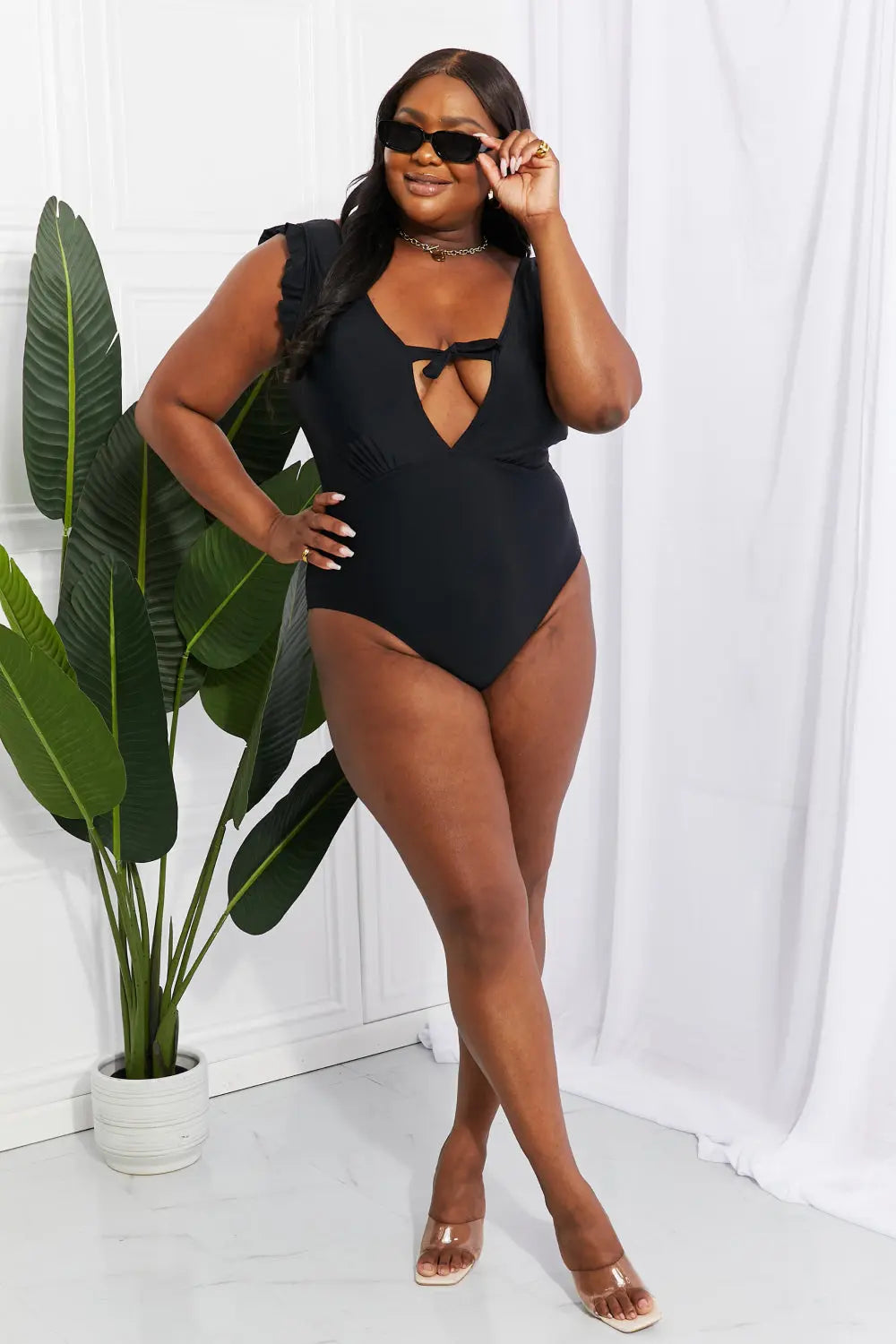  Swim Seashell Ruffle Sleeve One-Piece in Black Trendsi