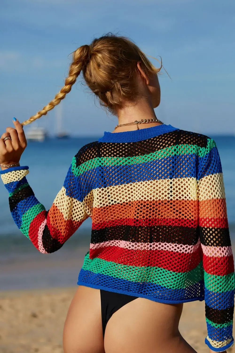 Rainbow Stripe Openwork Long Sleeve Cover-Up Trendsi