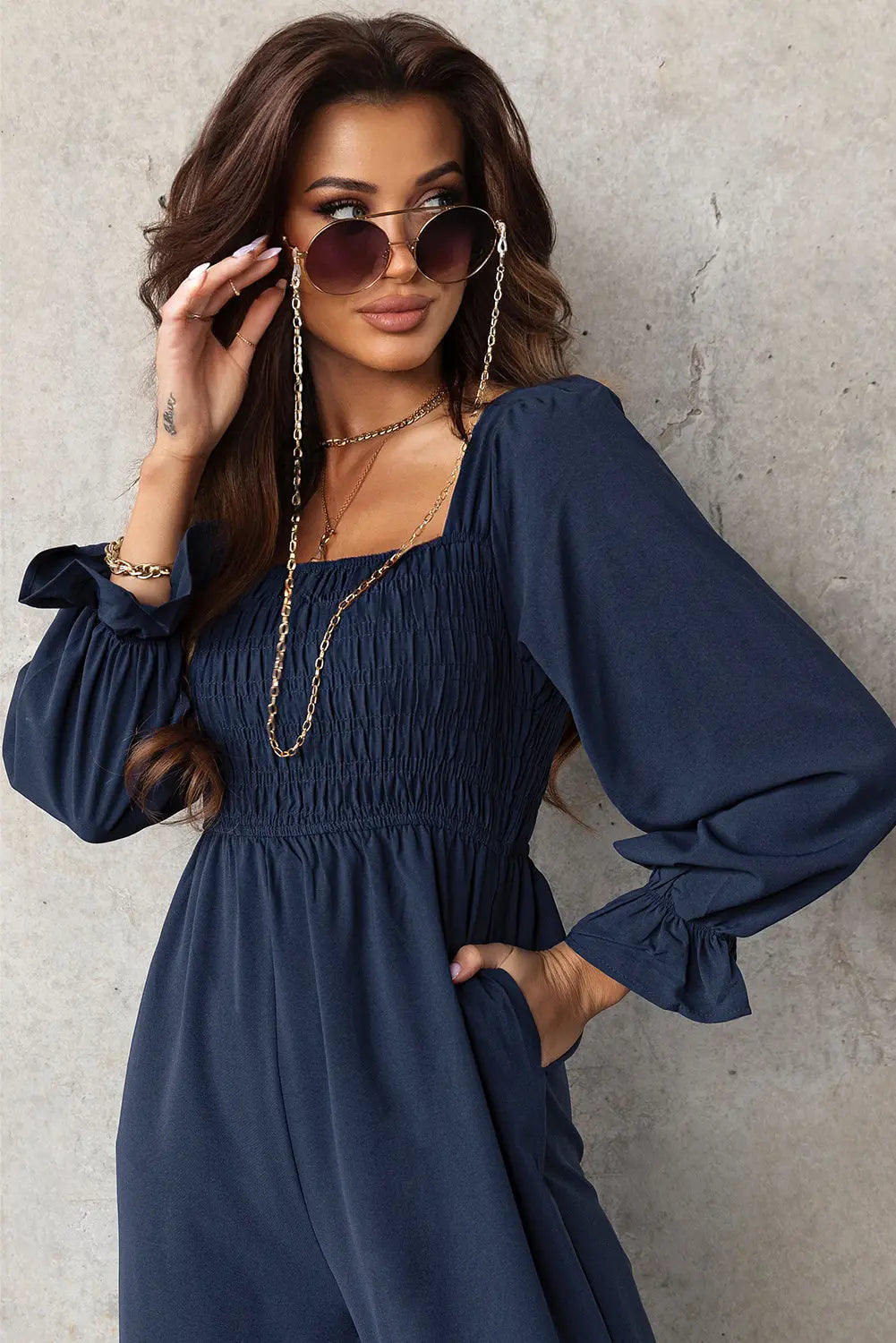 Smocked Long Flounce Sleeve Square Neck Jumpsuit Trendsi