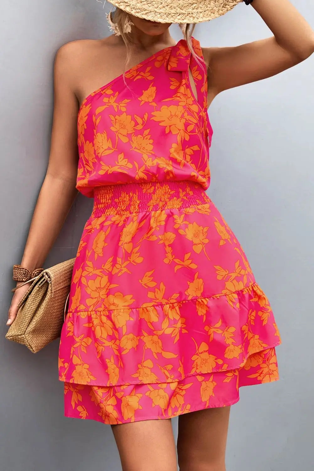Tied Smocked Printed Single Shoulder Dress -BazaarBey - www.shopbazaarbey.com