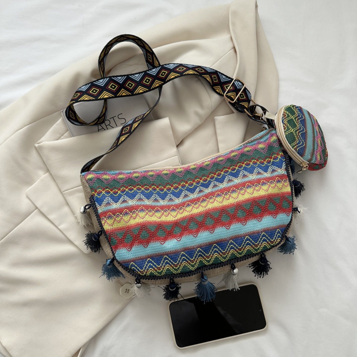 Printed Tassel Detail Crossbody Bag with Small Purse Trendsi