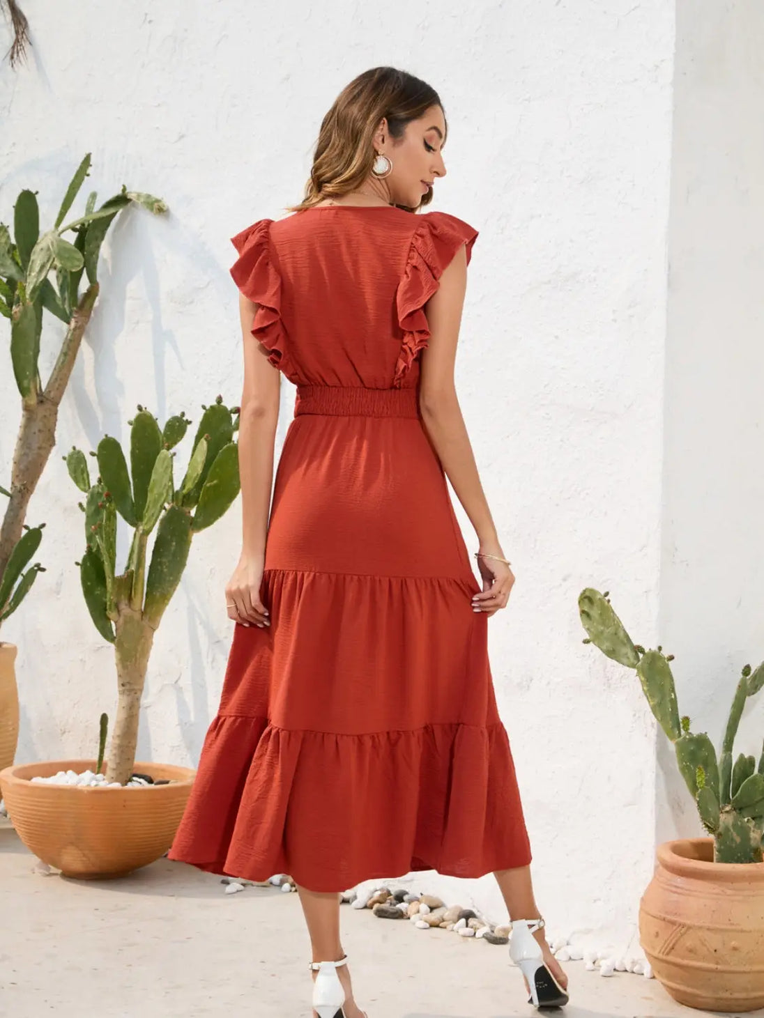 Tiered Ruffled V-Neck Cap Sleeve Dress -BazaarBey - www.shopbazaarbey.com