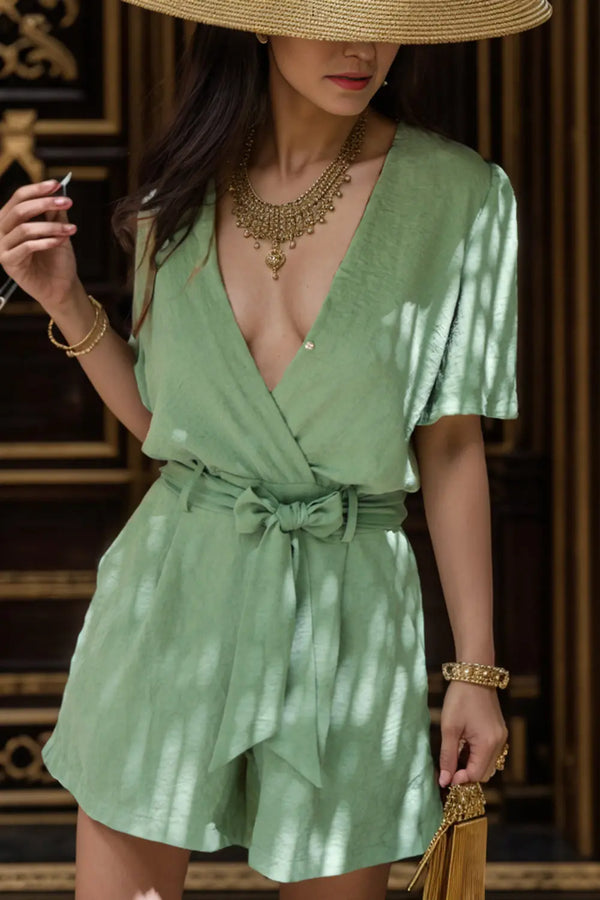 BazaarBey Surplice Tie Waist Short Sleeve Romper 