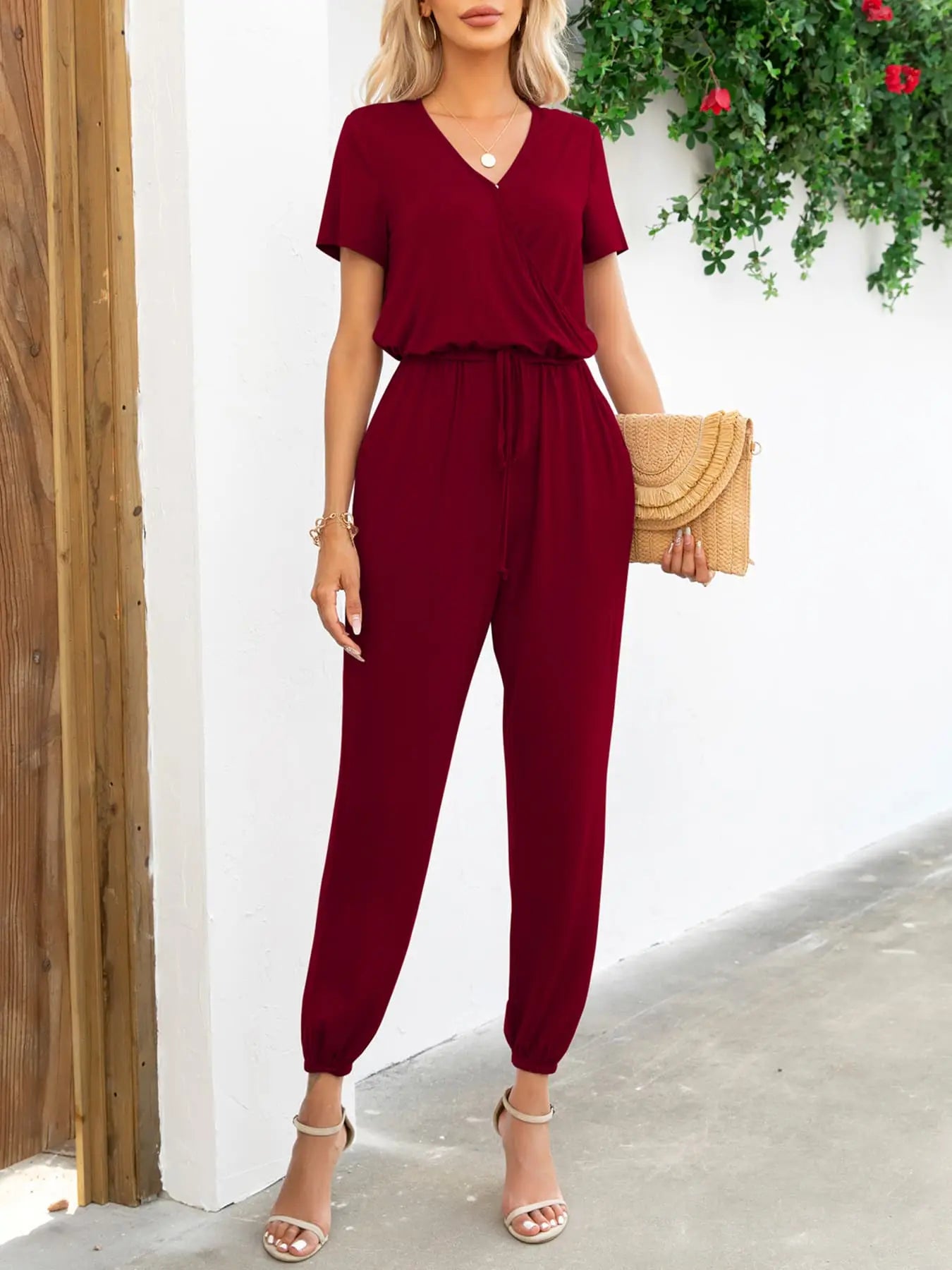 Short Sleeve V-Neck Jumpsuit with Pockets Trendsi