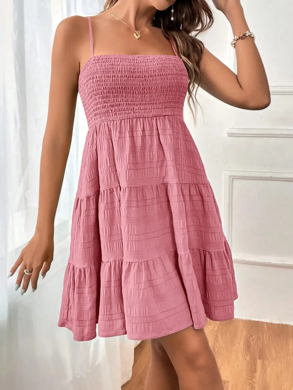 Smocked Tiered Sleeveless Mini Dress -BazaarBey - www.shopbazaarbey.com
