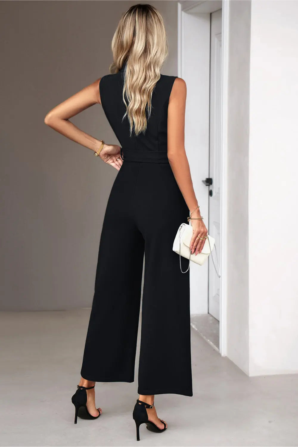 Tie Waist Shawl Collar Sleeveless Jumpsuit Trendsi