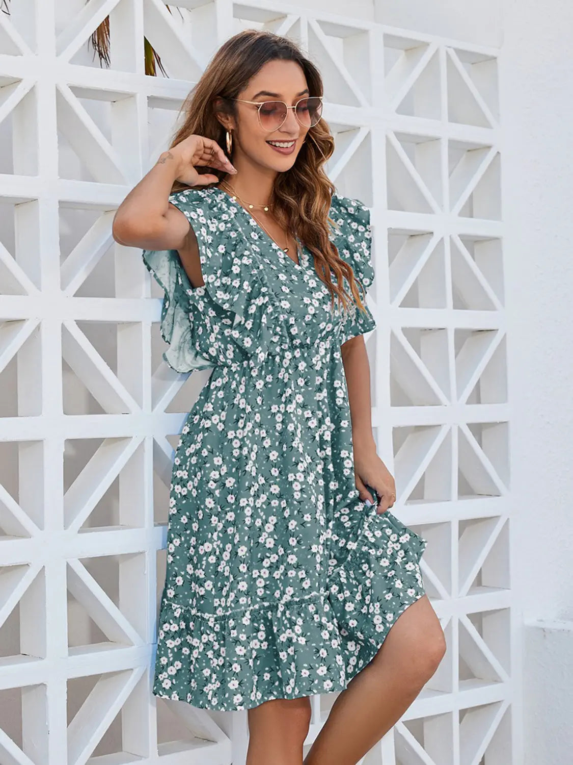 Ruffled  Floral  Mini Dress -BazaarBey - www.shopbazaarbey.com