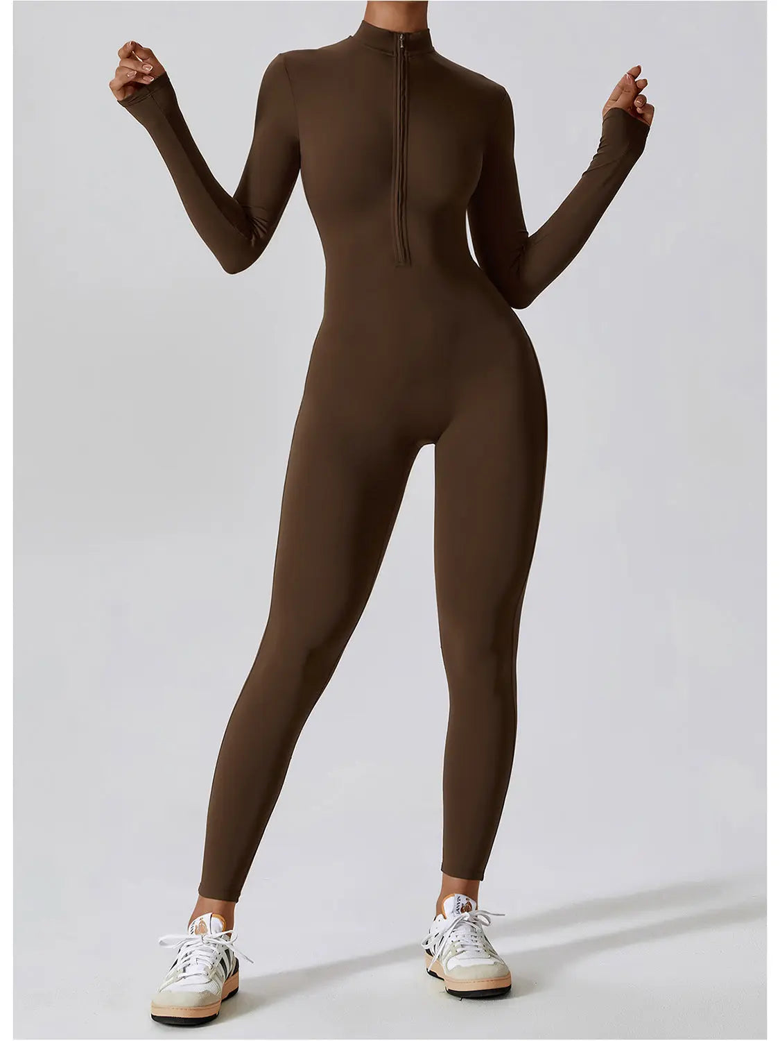 Zip Up Mock Neck Long Sleeve Jumpsuit Trendsi