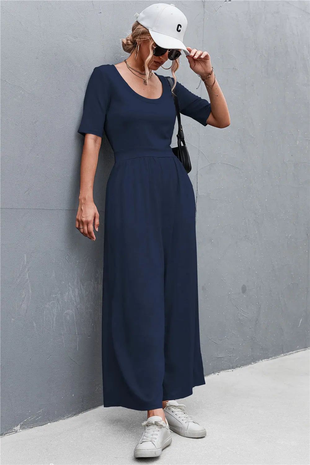 Scoop Neck Half Sleeve Wide Leg Jumpsuit Trendsi