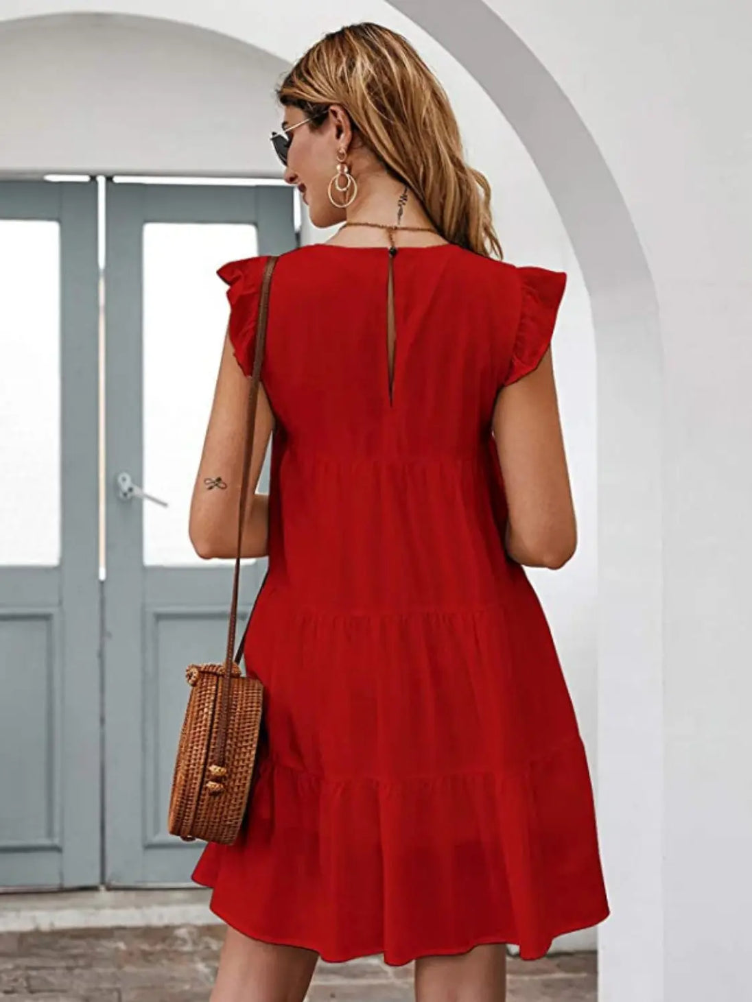 Ruffled Round Neck Cap Sleeve Mini Dress -BazaarBey - www.shopbazaarbey.com