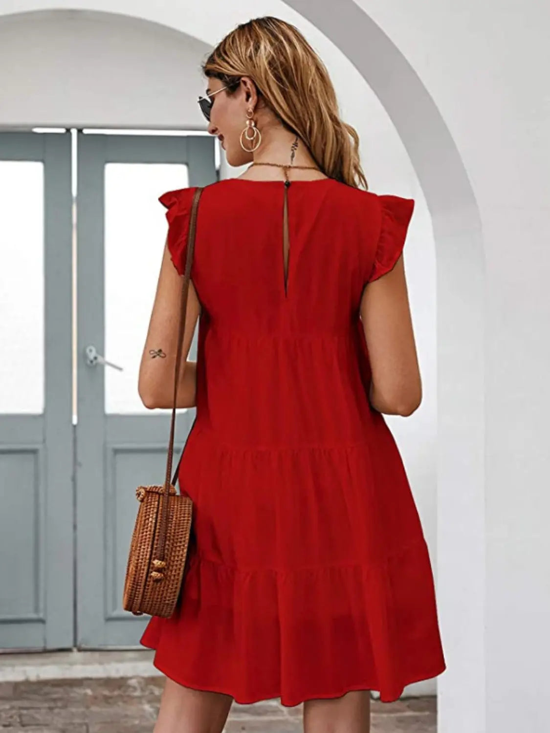 Ruffled Round Neck Cap Sleeve Mini Dress -BazaarBey - www.shopbazaarbey.com