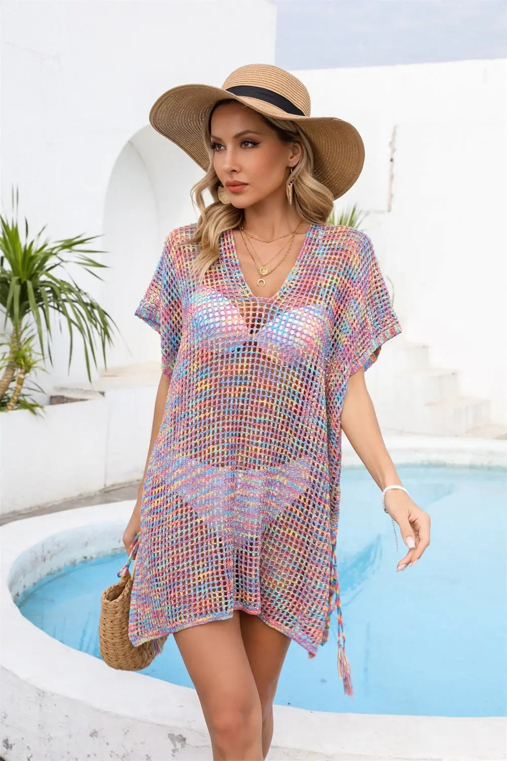 Openwork Slit V-Neck Cover Up Trendsi