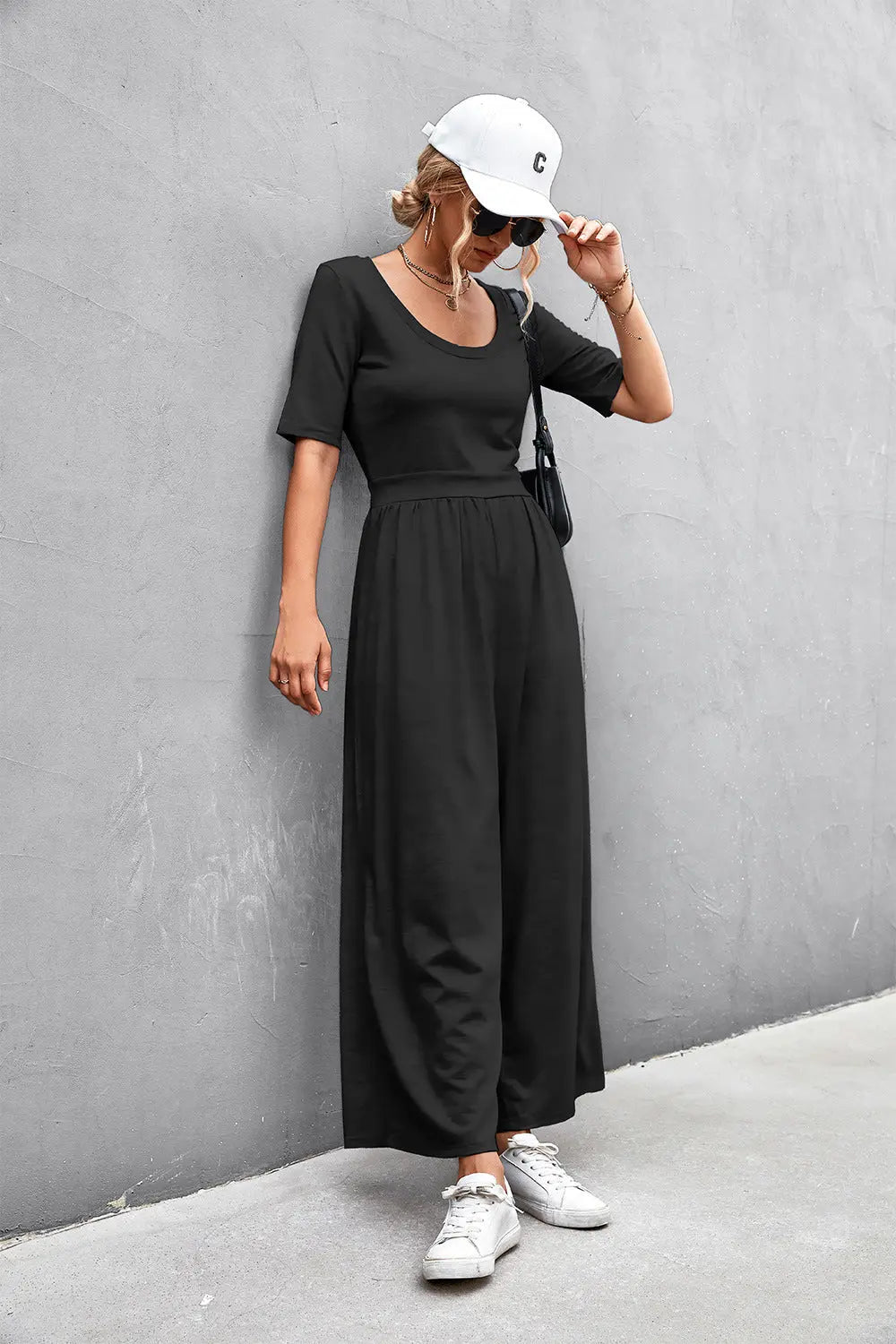 Scoop Neck Half Sleeve Wide Leg Jumpsuit Trendsi